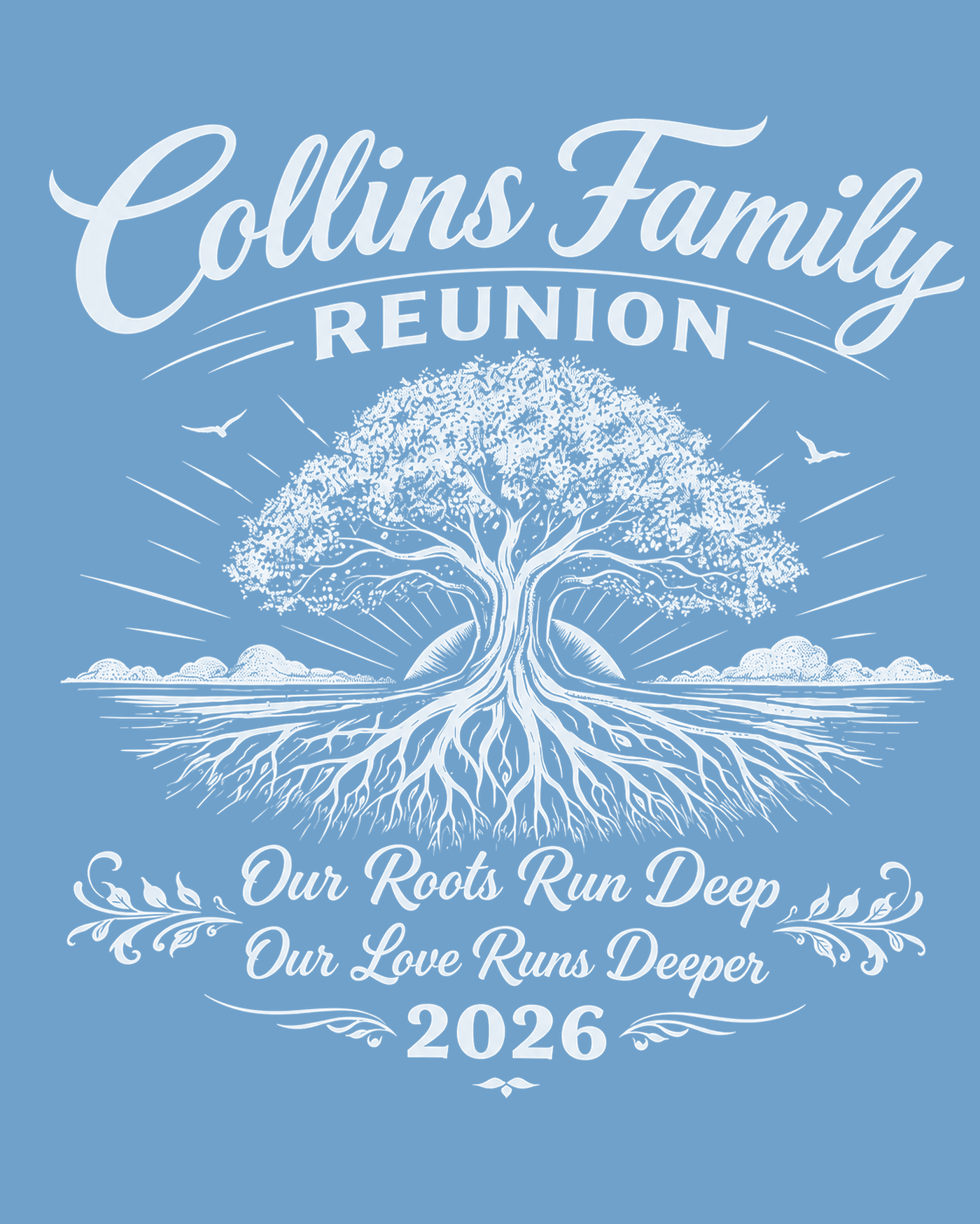 Collins Family Reunion 2026 — baby blue shirt with the white tree design and lettering